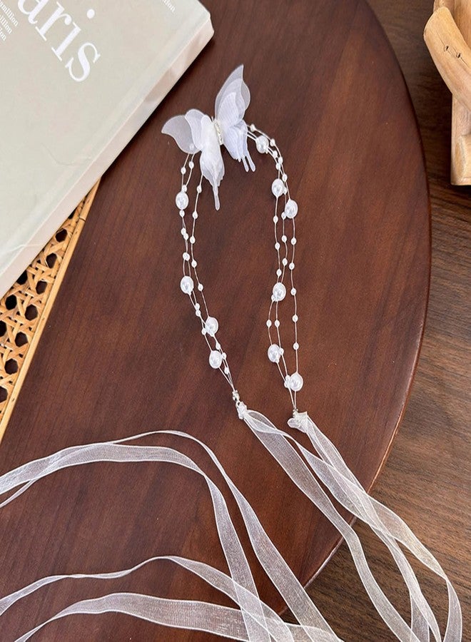 Rannyrena Boho Lace Butterfly Y Necklace Layered Long Wrap Choker Necklace Dainty Pearl Station Bow Tie Necklace for Women (White) - Image 4